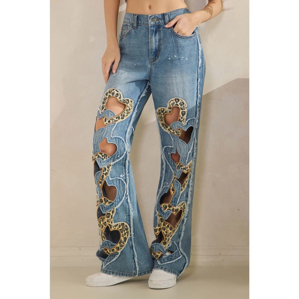 "Fierce Love" Leopard Heart Cut Out Jeans